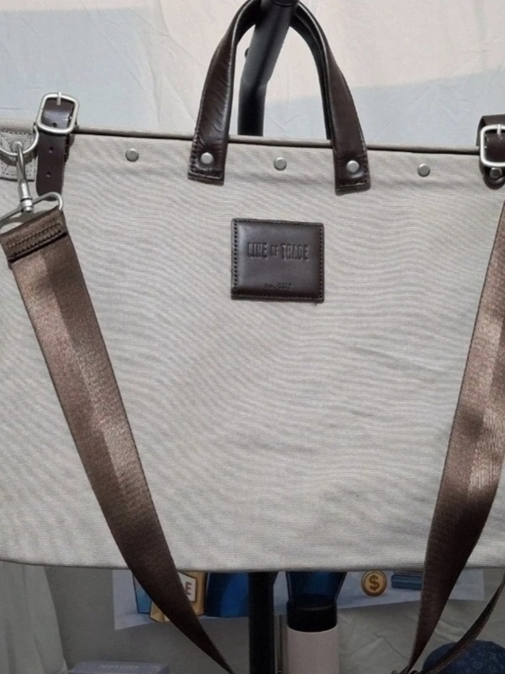 Men's Canvas Tote Bag in Beige with Brown Accents
